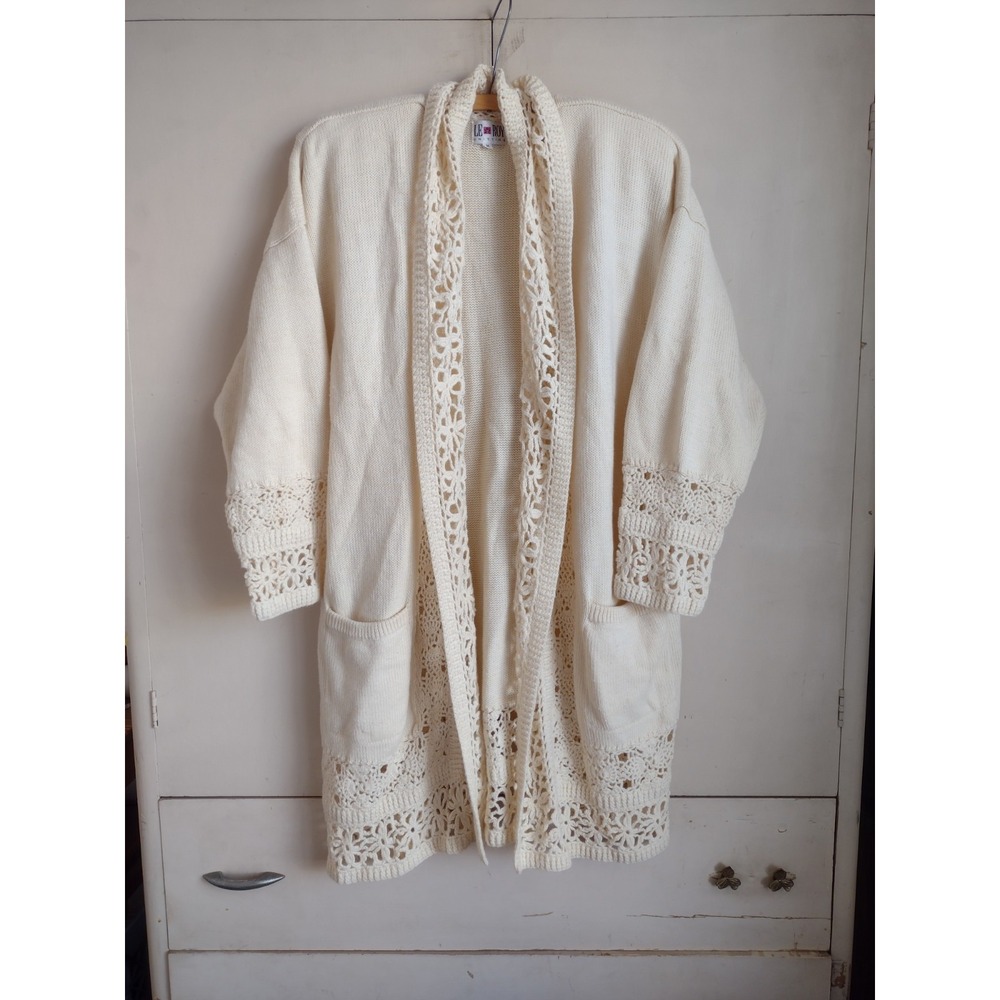 VTG LeRoy Knitwear Cardigan Sz M Cream Long Duster Sweater Lace Cottagecore